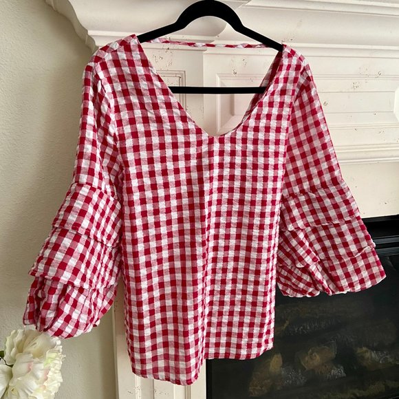 Gingham Ruffle Sleeve Open Back Top Red + White M - Picture 3 of 7